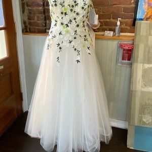 Floral appliqué bodice tea length tulle gown